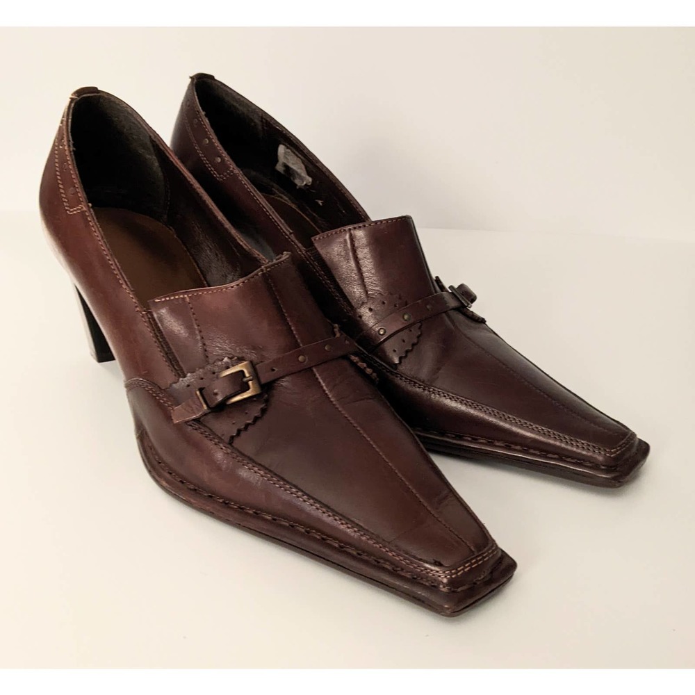 Kampgen Handmade 8.5 Brown Leather Buckle Heels Pumps Pointed Square Toe Women's - Picture 12 of 12